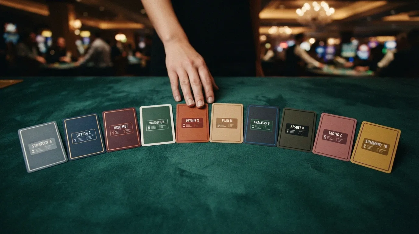 Vista cenital de una mesa con diez cartas de casino alineadas, cada una con su logo y una ficha resumen de su oferta de tiradas gratis
