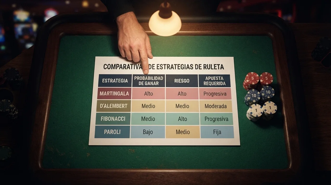 Una tabla comparativa sobre una mesa de juego con fichas y una pantalla mostrando los logotipos de los casinos españoles destacados