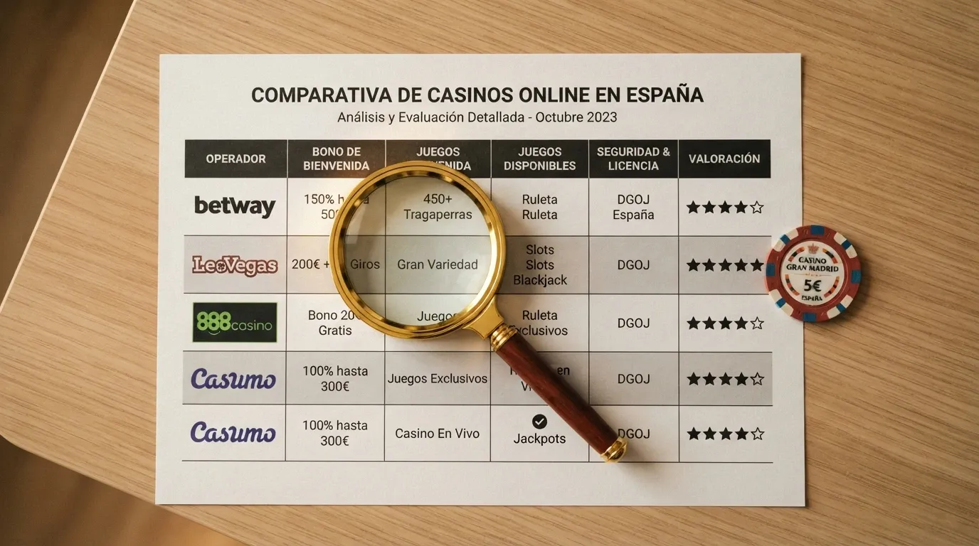 Tabla comparativa con filas de operadores y columnas de bono, licencia y depósito mínimo, con una lupa sobre la columna de jurisdicción offshore