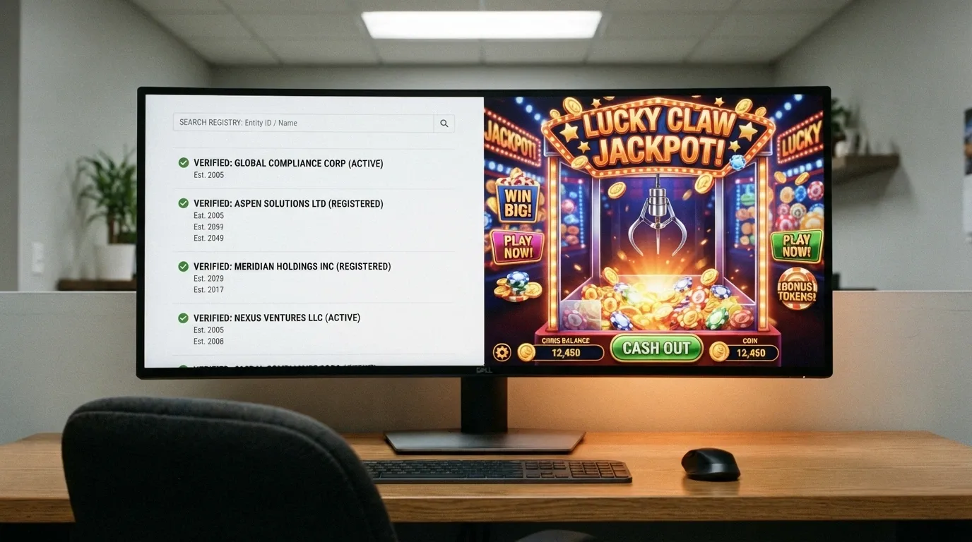 Pantalla dividida con el registro de la DGOJ a un lado y la interfaz de un casino offshore al otro
