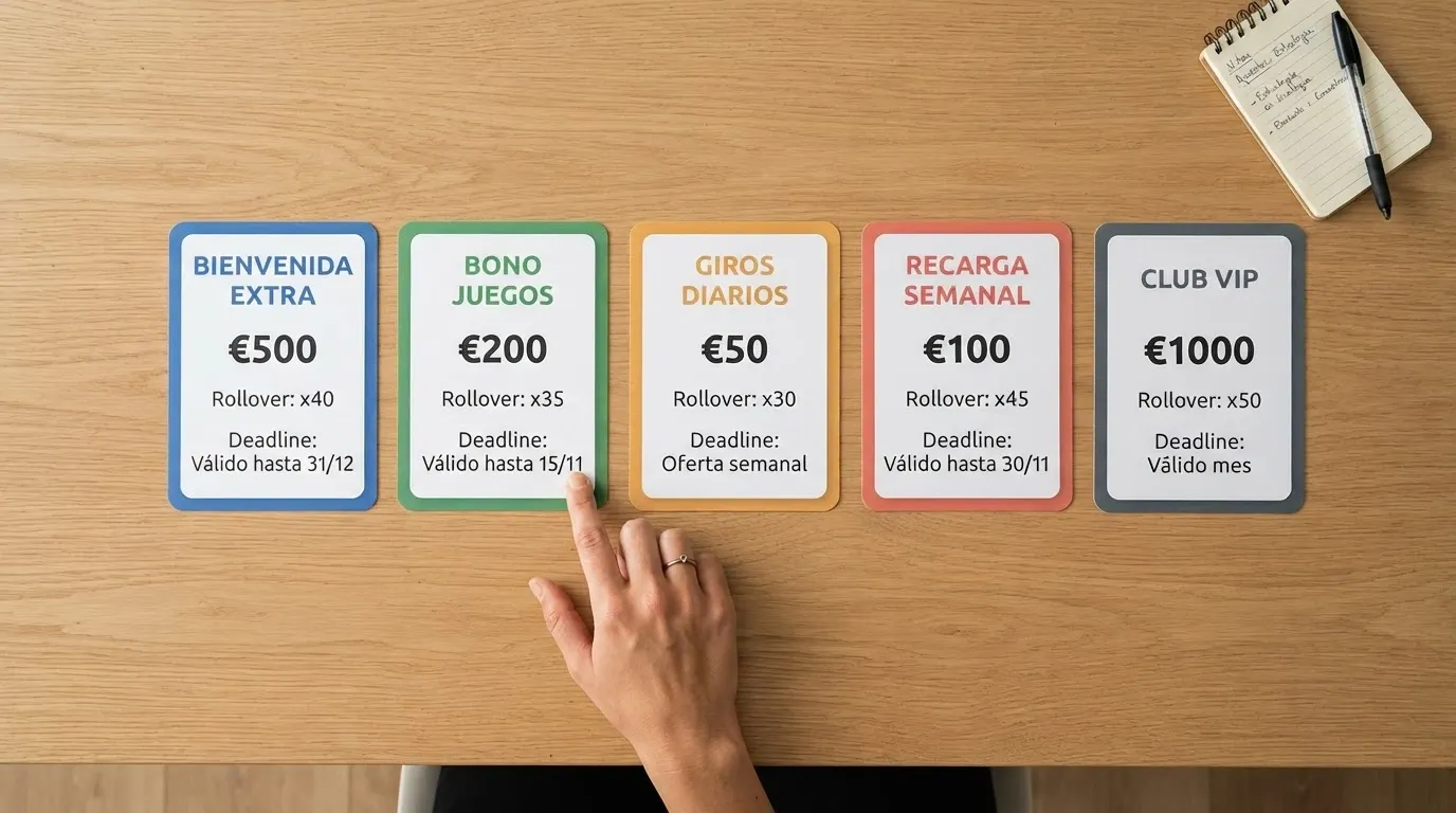 Vista cenital de una mesa con varias tarjetas dispuestas como en una comparativa, cada una representando un operador con su oferta, su rollover y su ganancia máxima visibles