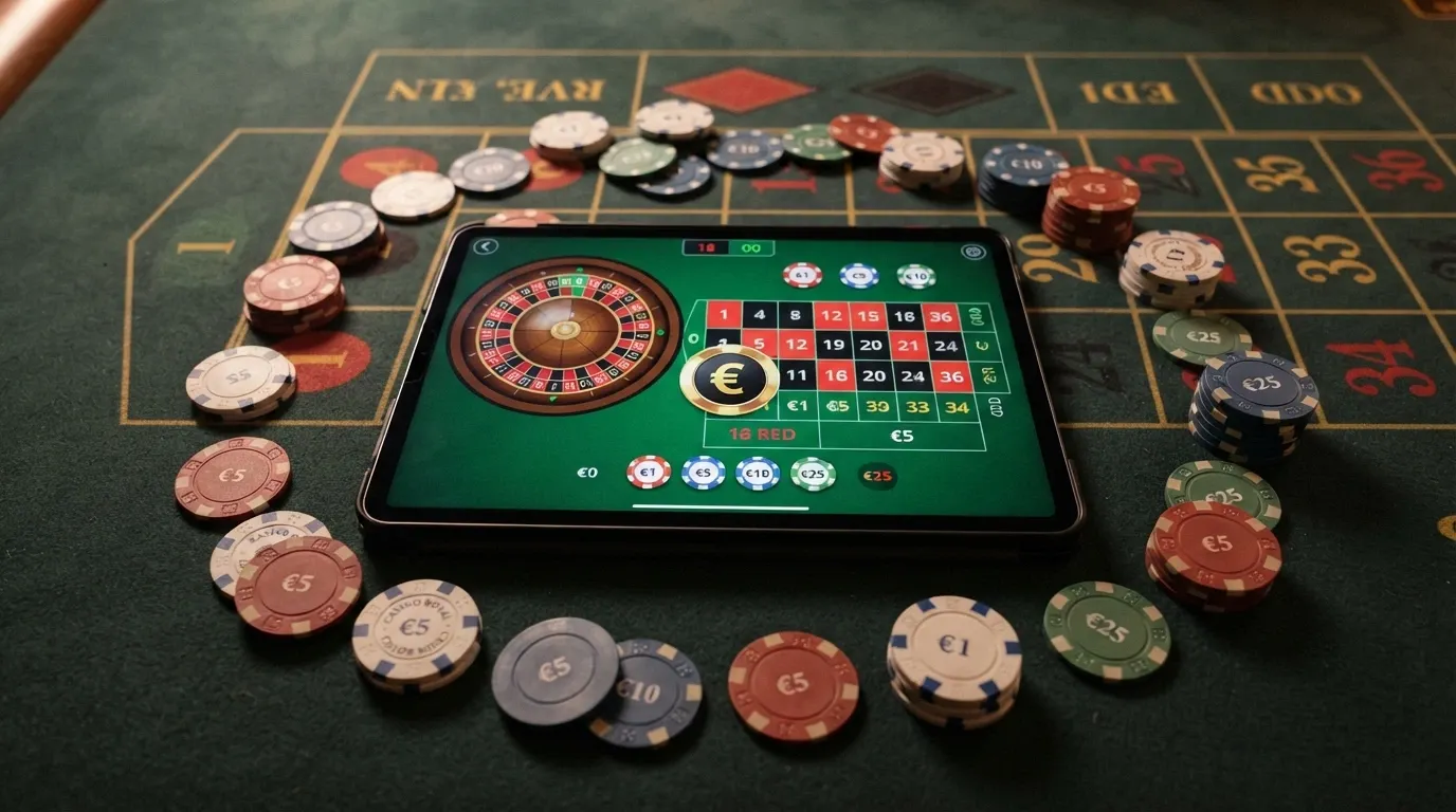 Varias fichas de colores sobre un tapete de ruleta con una tableta que muestra la interfaz de un casino en vivo