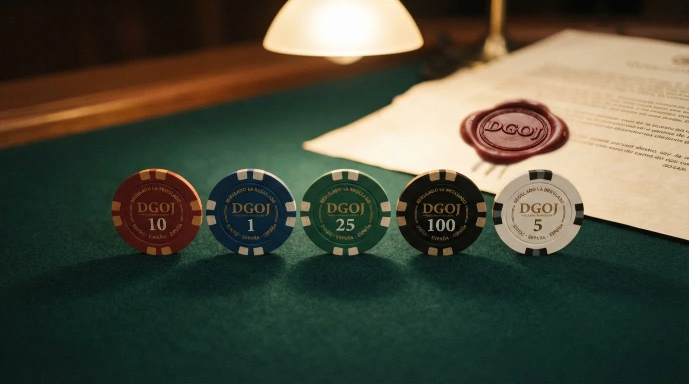 Varias fichas de casino alineadas con el sello de la DGOJ visible al fondo