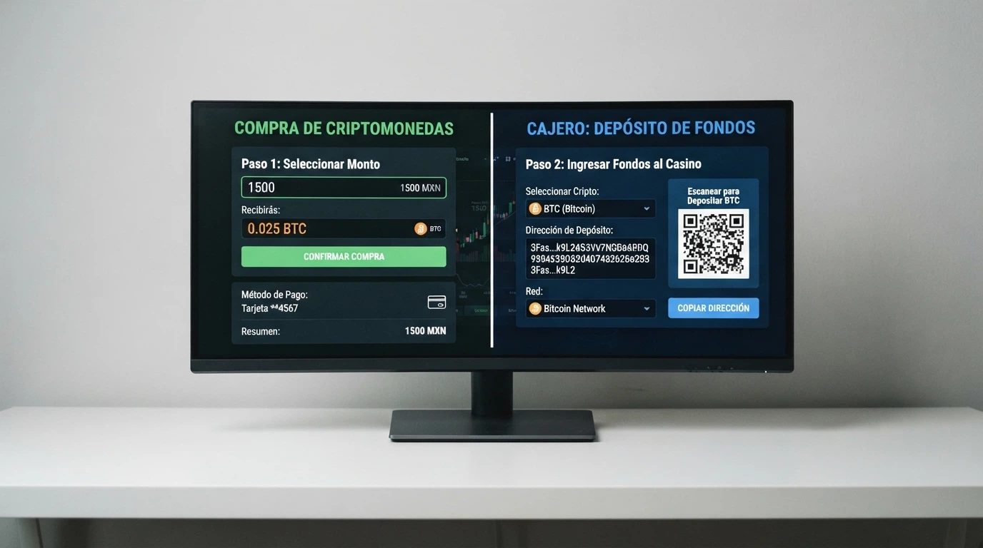 Pantalla dividida: a la izquierda un exchange mostrando la compra de LTC con euros, a la derecha la pantalla de depósito de un casino con la dirección LTC