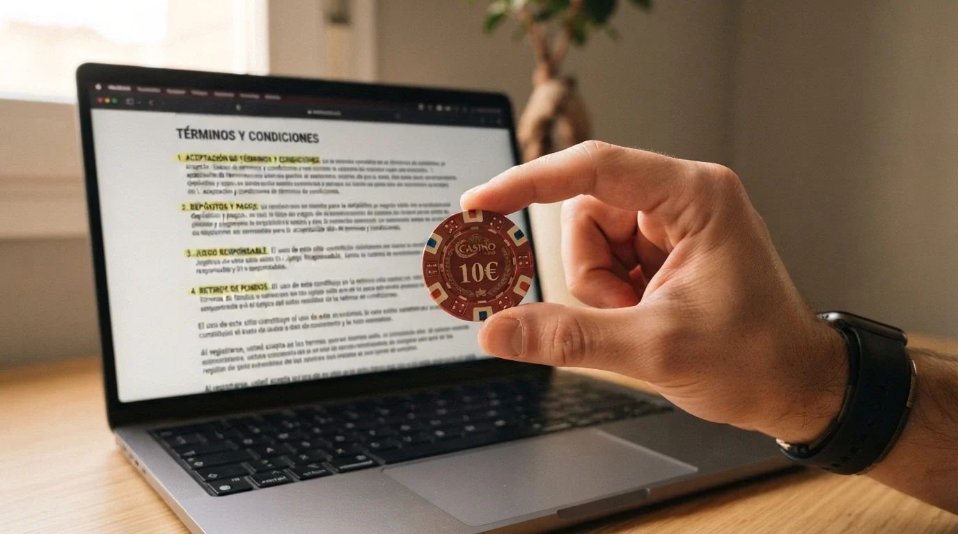Una mano sostiene una ficha de casino con el texto «10€» grabado mientras al fondo se despliega una pantalla con términos y condiciones resaltados en amarillo