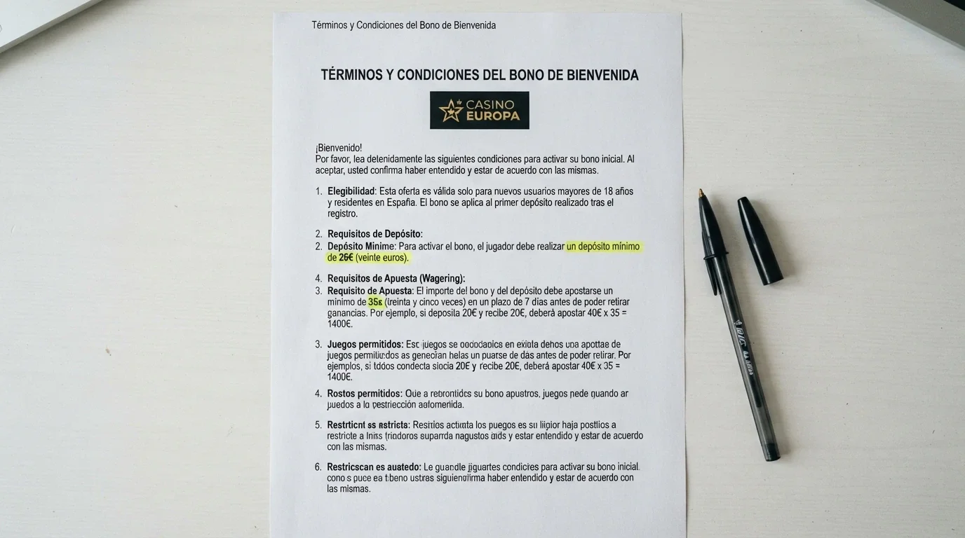 Captura de los términos y condiciones de un bono de bienvenida con el requisito de apuesta y el depósito mínimo resaltados.