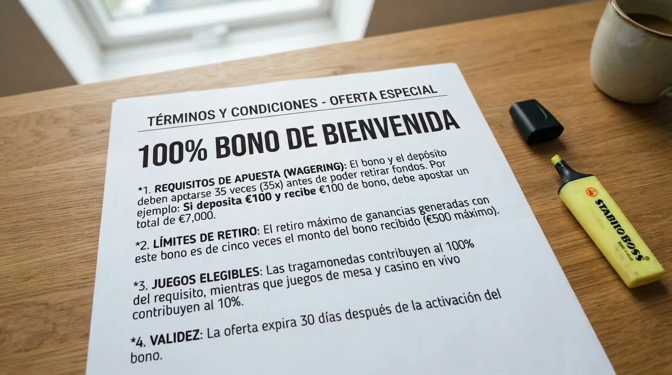 Primer plano de la sección de términos y condiciones de un bono de casino, con el porcentaje de bonificación, el requisito de apuesta y la letra pequeña resaltados