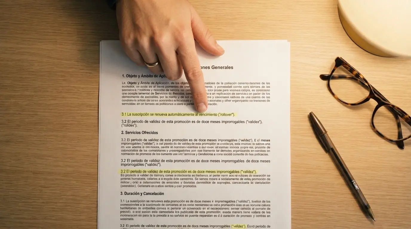 Primer plano de los términos y condiciones de un bono de casino online con los campos de rollover y validez resaltados