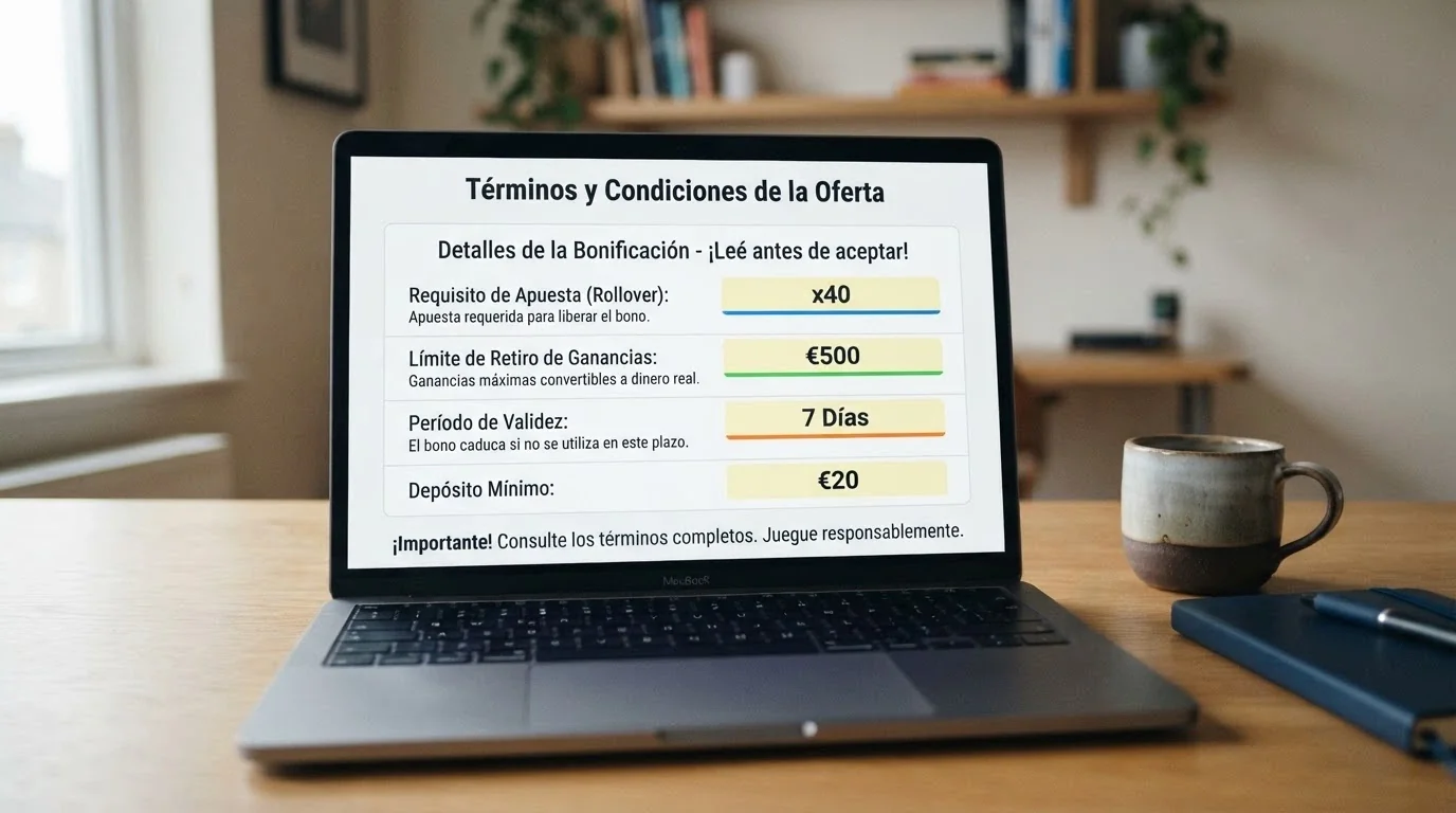 Pantalla de términos y condiciones de un bono sin depósito con el rollover y el máximo de retirada resaltados