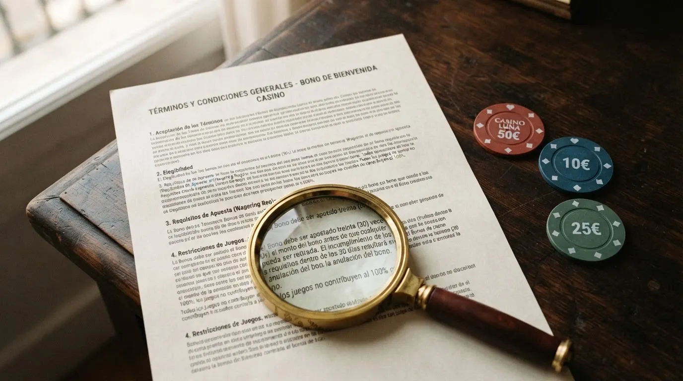 Primer plano de un documento con condiciones y una lupa sobre la letra pequeña, junto a unas fichas de casino