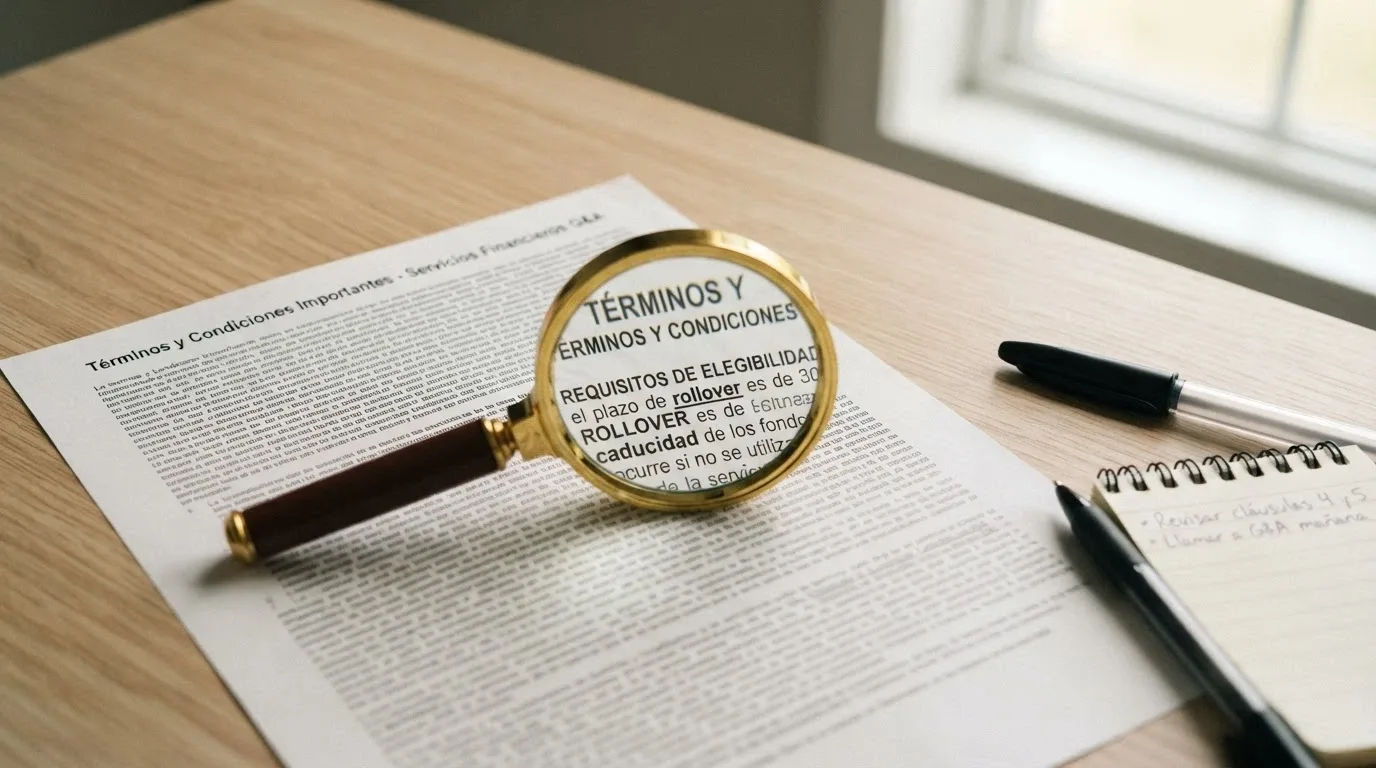 Primer plano de una lupa sobre la letra pequeña de unos términos y condiciones de casino online