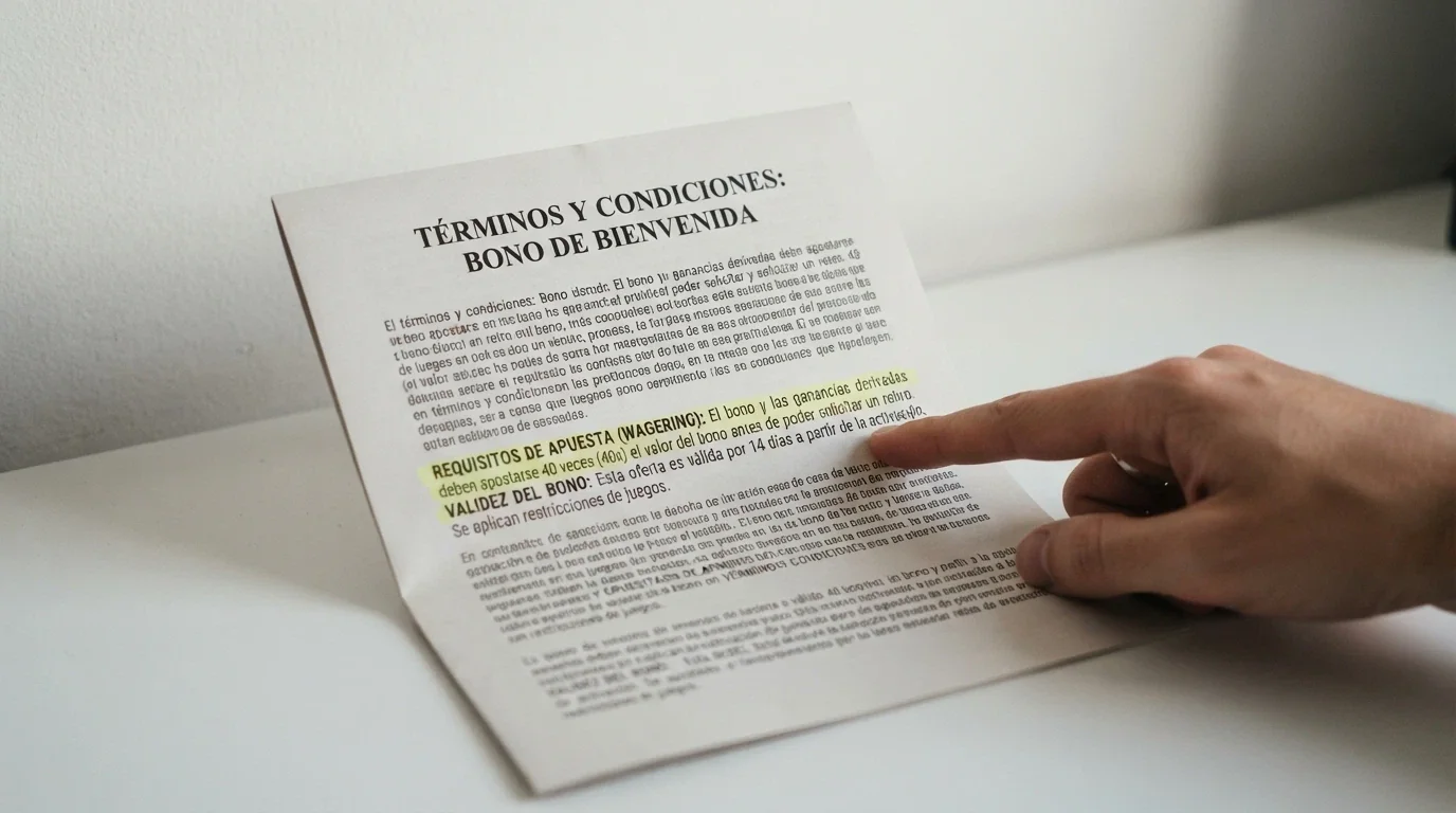 Primer plano de los términos y condiciones de una promoción de giros gratis con el apartado de requisitos de apuesta resaltado
