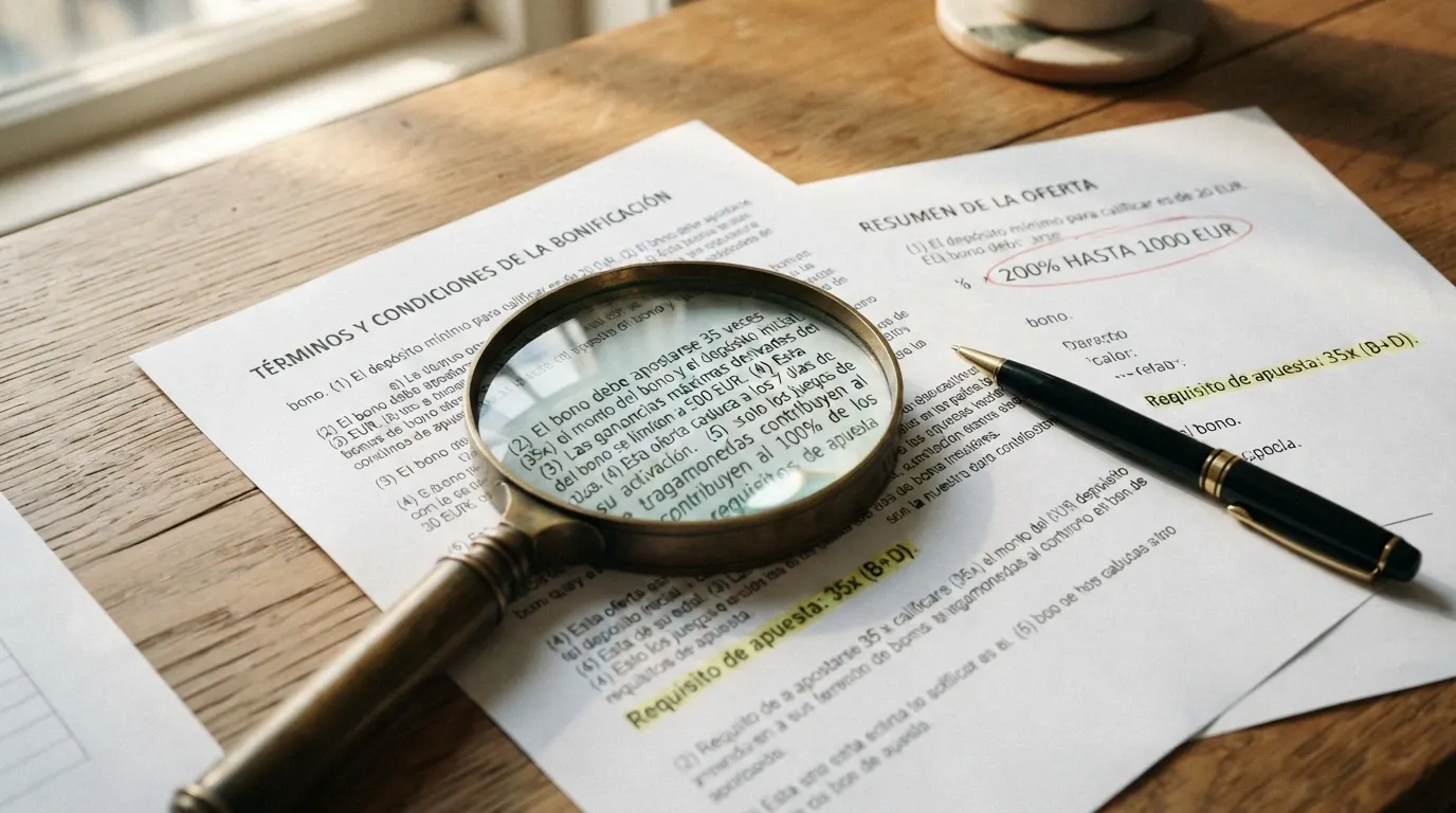 Primer plano de la letra pequeña de unas condiciones de bono con lupa sobre los requisitos de apuesta, los topes de ganancia y las fechas de caducidad