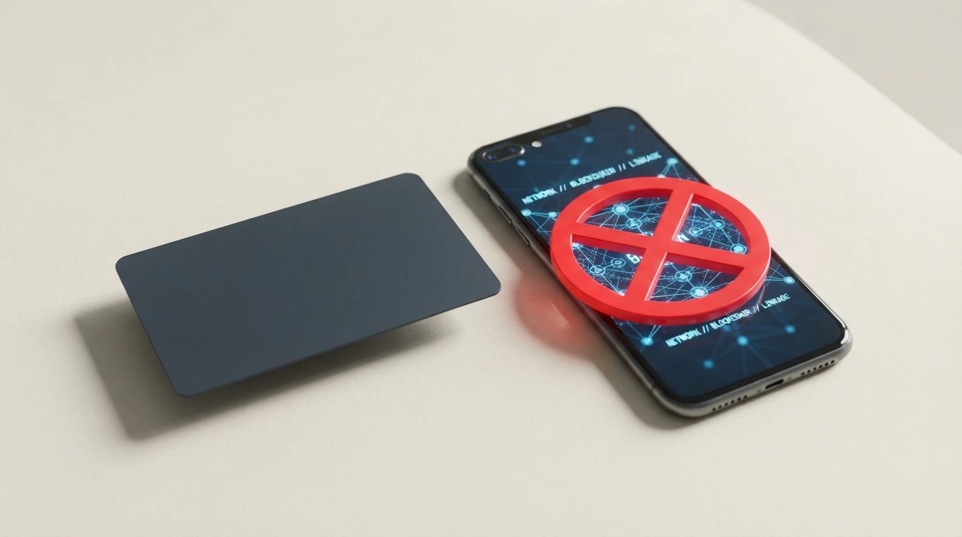 Monedero digital con un símbolo de prohibido sobreimpreso junto a un documento de identidad