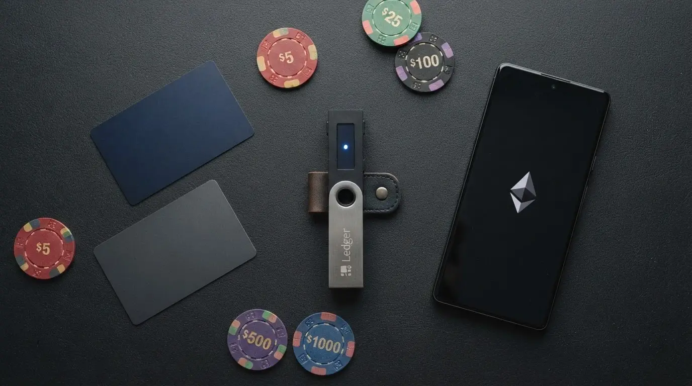 Cartera de criptomonedas junto a tarjetas y monederos electrónicos, ilustrando la convivencia de métodos de pago tradicionales y cripto en los casinos Anjouan