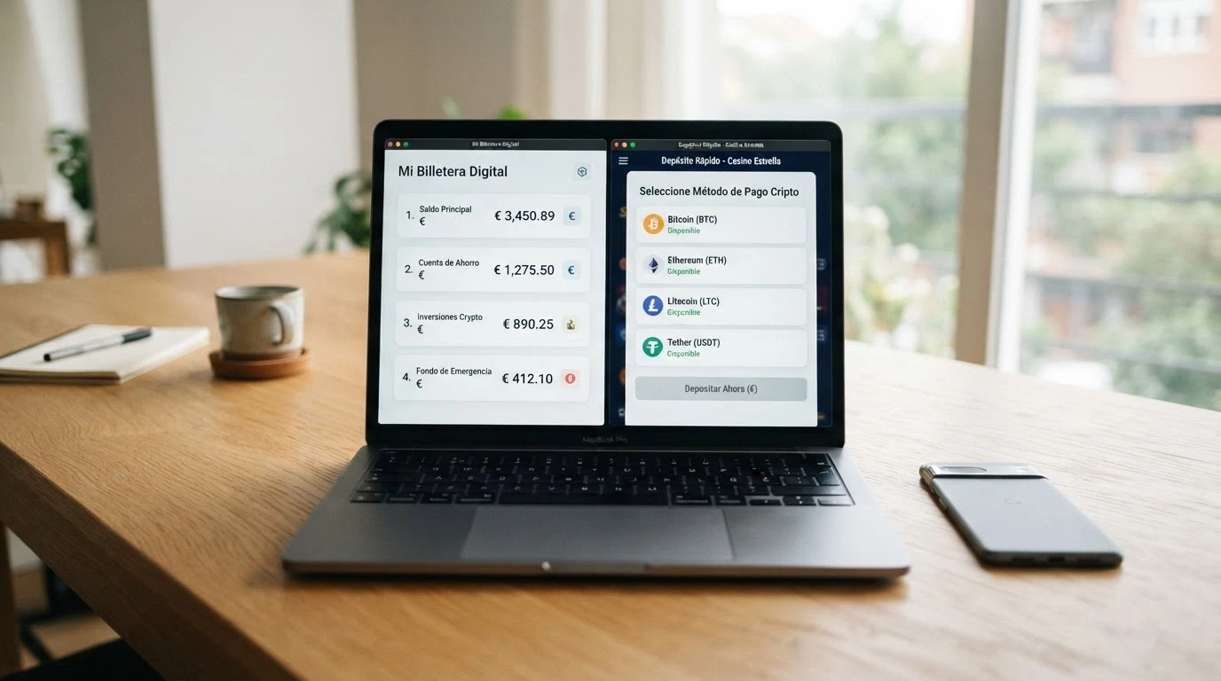 Cartera digital de criptomonedas mostrando saldo en Bitcoin, Ethereum, USDT y Solana junto a una pantalla de depósito de un casino online con las mismas criptos como opciones