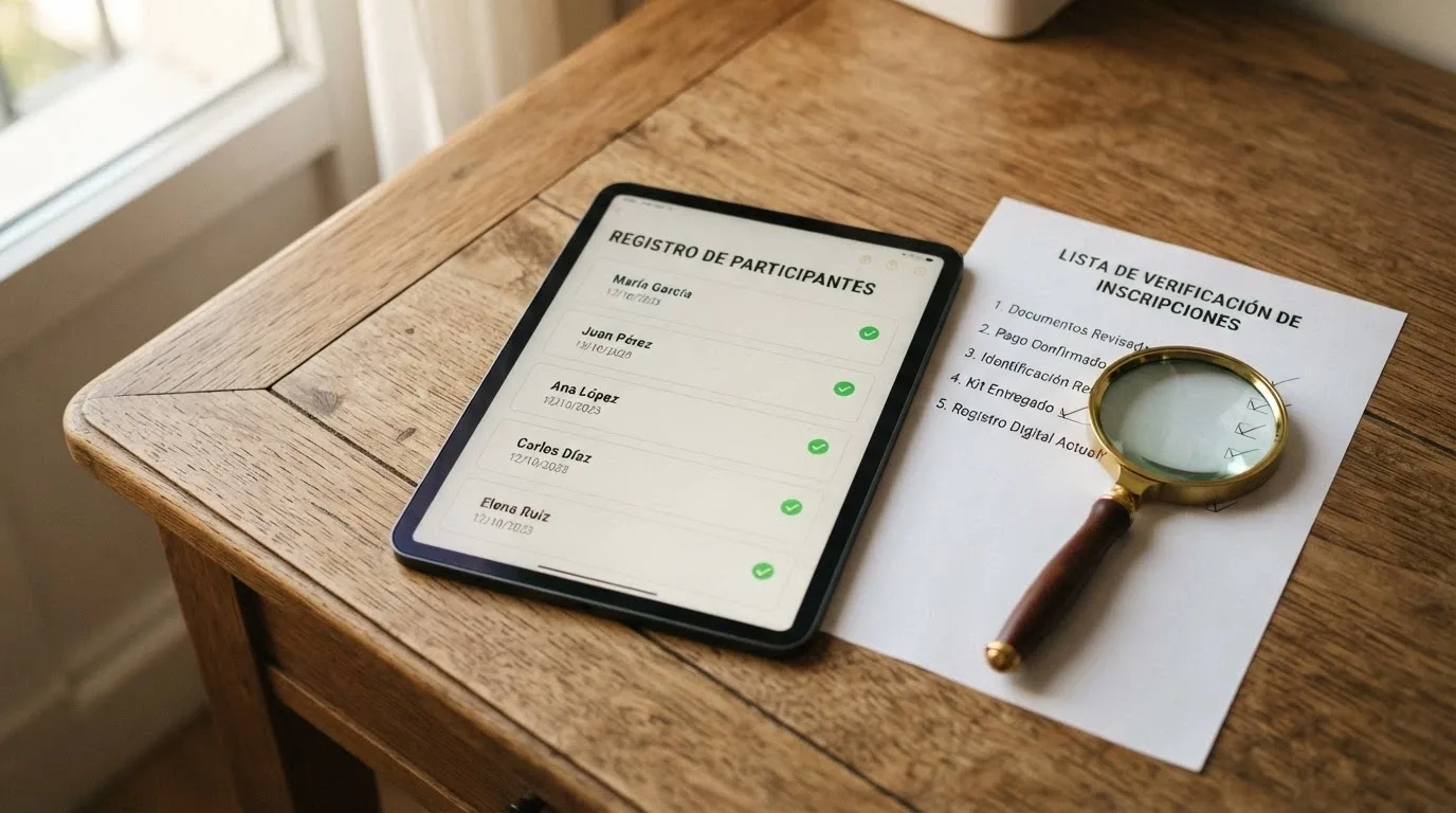 Una lista de verificación sobre una mesa junto a una lupa y una tableta mostrando el registro de la DGOJ