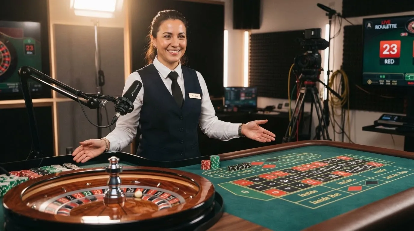 Un crupier sonriente señalando la mesa de ruleta mientras habla por el micrófono del estudio de streaming