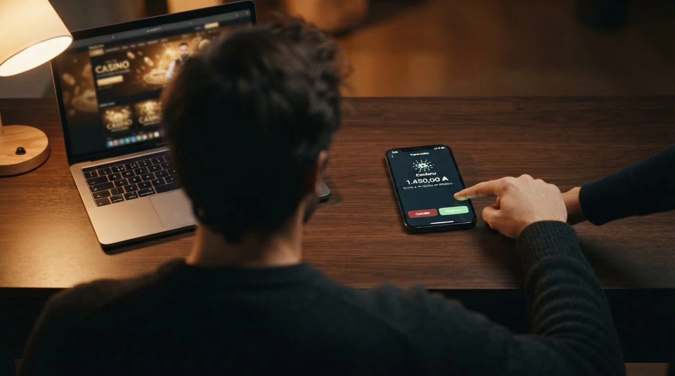 Un jugador frente a la pantalla con la cartera de Cardano abierta en el móvil y el navegador mostrando un casino — la mano duda entre confirmar o cancelar el depósito