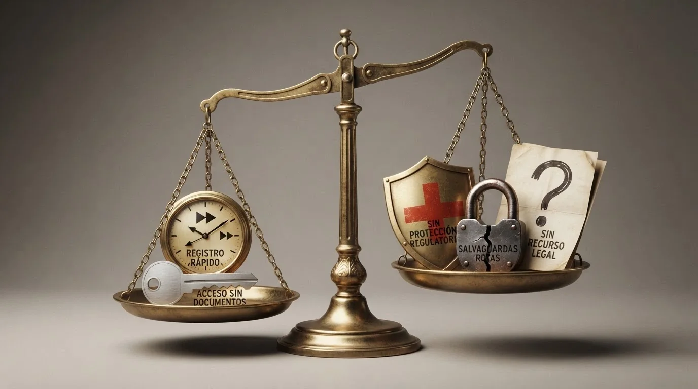 Una balanza con dos platillos: en el izquierdo, un reloj (rapidez de registro) y una llave (acceso sin documentos); en el derecho, un escudo tachado (sin protección DGOJ), un candado roto (sin RGIAJ) y un documento con un signo de interrogación (sin recurso legal)