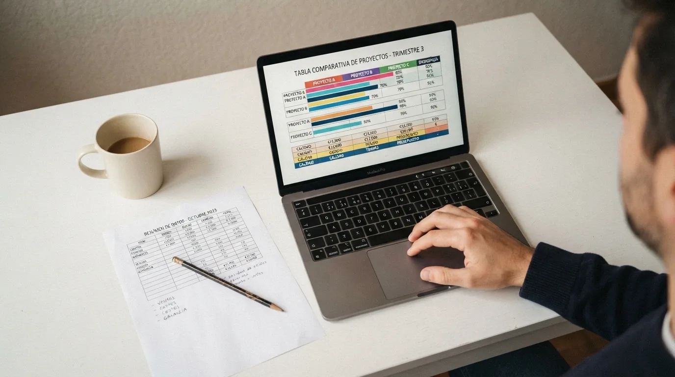 Un jugador ante la pantalla del ordenador con la tabla comparativa de ofertas en un lado y una calculadora en el otro, sopesando opciones