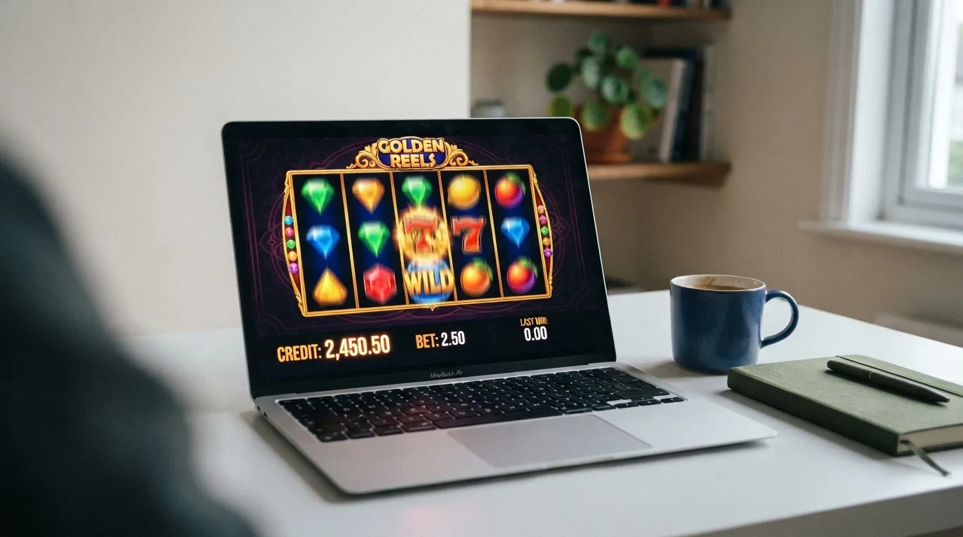 Pantalla de ordenador mostrando el modo demo de un slot BTG con el contador de crédito ficticio visible