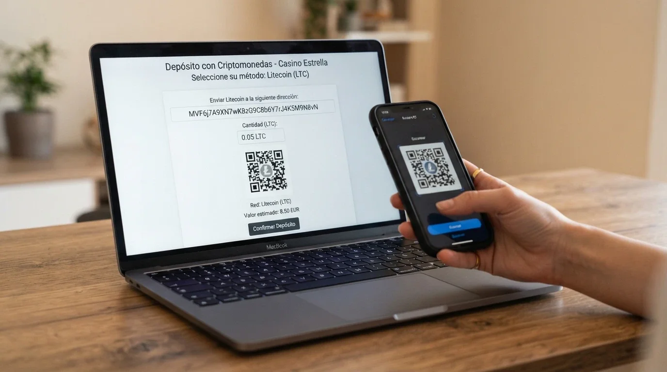 Pantalla de depósito de un casino online con el campo de dirección Litecoin, el monto a transferir y el QR para escanear desde la billetera