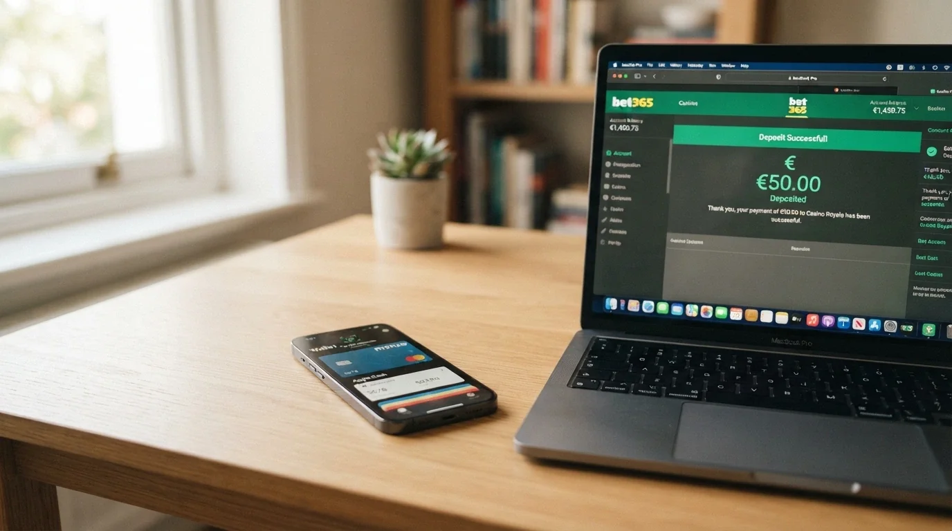 Un iPhone con la app Wallet abierta mostrando una tarjeta vinculada y el botón de pago con Face ID, junto a una pantalla de casino con el saldo recién ingresado.