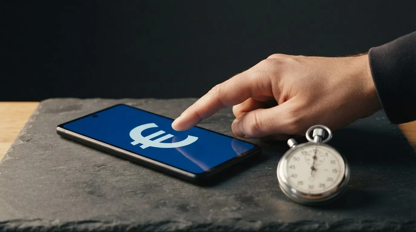 una cartera Dogecoin enviando fondos a una dirección de casino, con un cronómetro marcando menos de un minuto