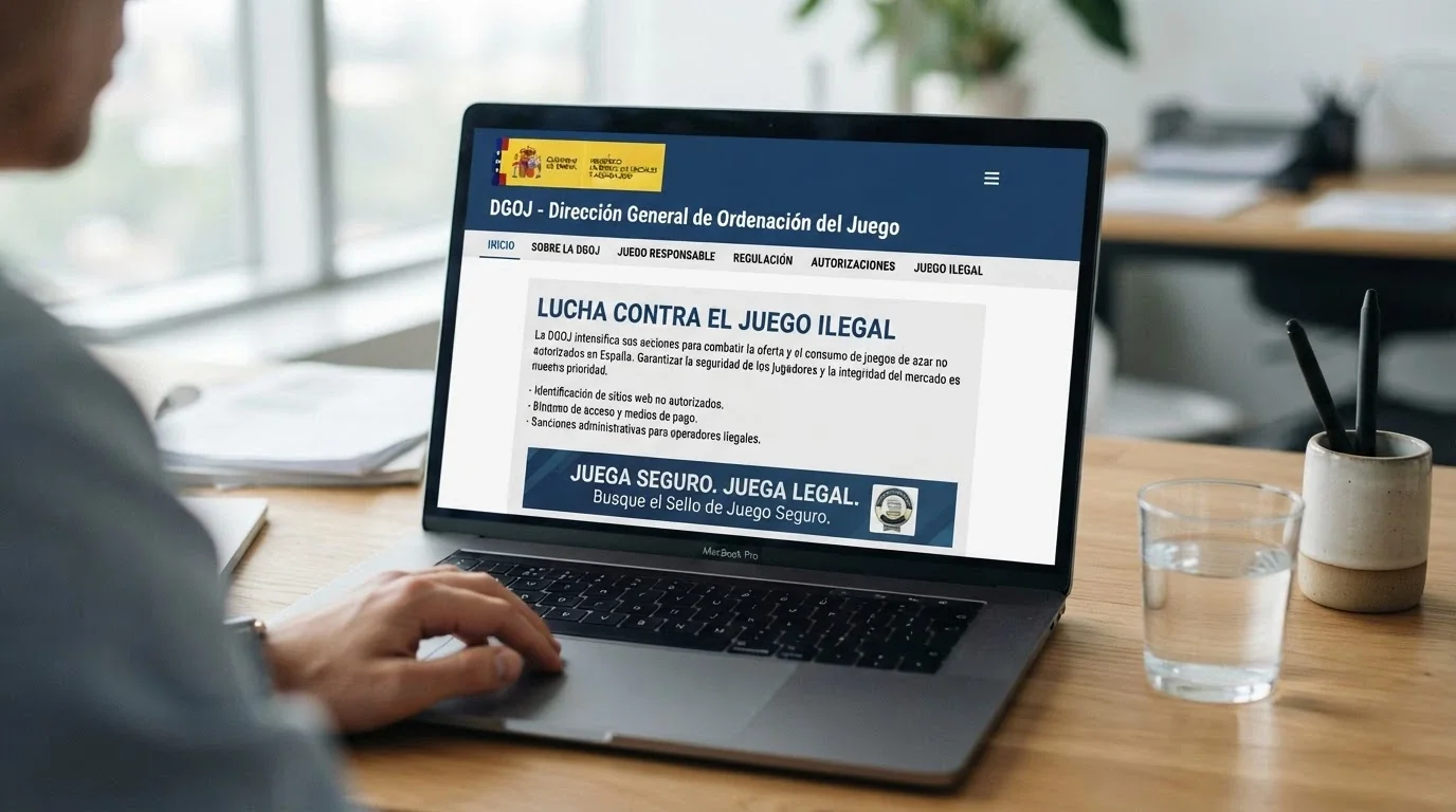 Pantalla del sitio web de la DGOJ (ordenacionjuego.es) con el sello oficial visible y el texto «Juego ilegal» en la sección de preguntas frecuentes