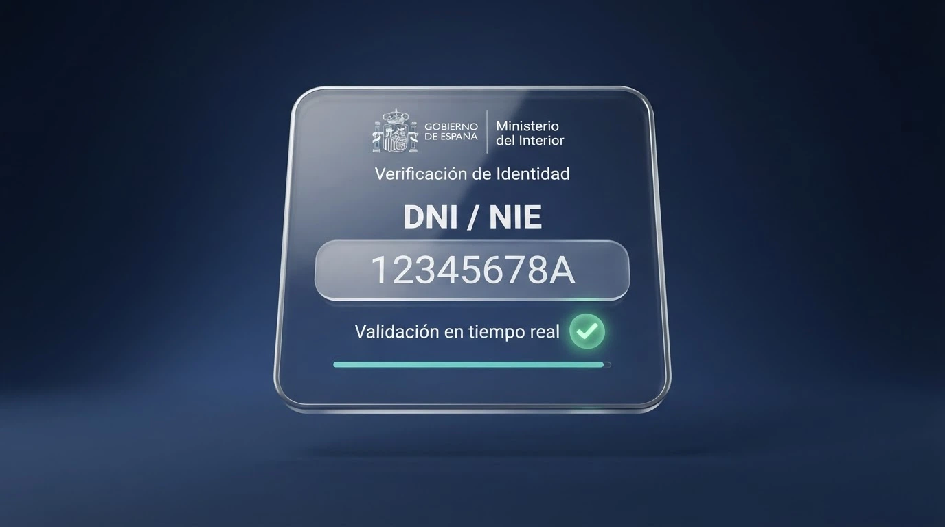 Pantalla del Sistema de Verificación de Identidad de la DGOJ mostrando los campos de DNI/NIE con el texto «validación en tiempo real» y el logo del Ministerio del Interior
