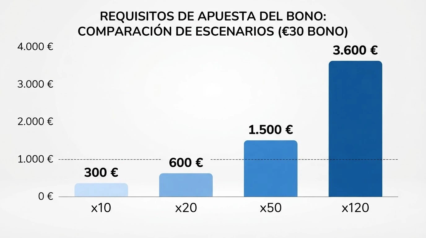 Comparativa de barras: volumen de apuesta exigido con rollover x10, x20, x50 y x120 sobre un mismo bono base