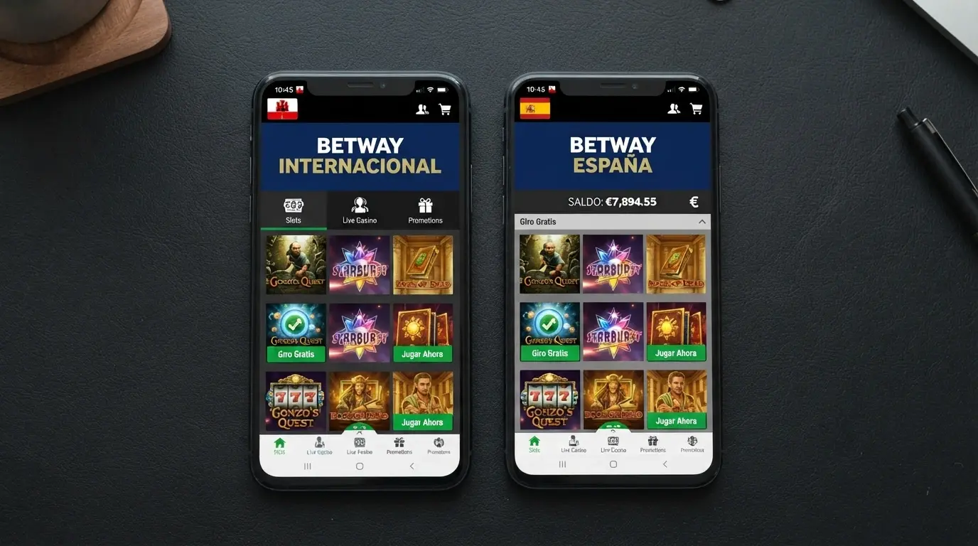 Dos pantallas de móvil mostrando las versiones internacional y española de Bet365 una al lado de la otra con la bandera de Gibraltar y la de España