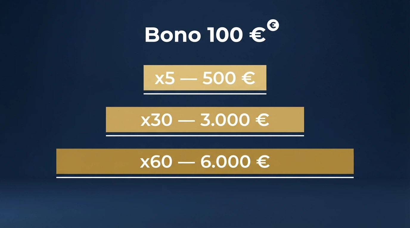 Infografía con un bono de 100€ y tres escenarios de rollover (x5, x30, x60) mostrando el requisito de apuesta resultante