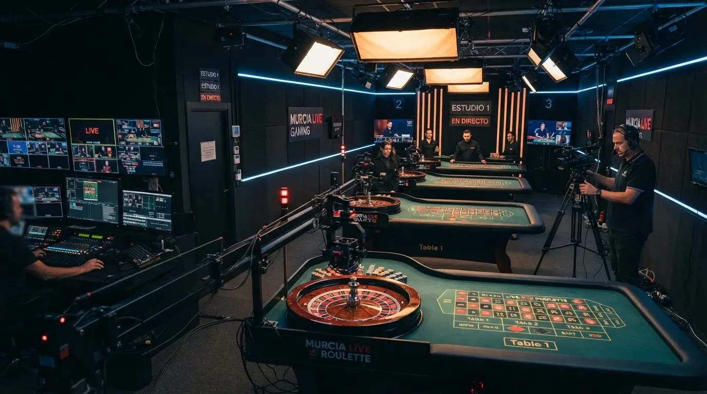 Fachada o interior del estudio de Evolution Gaming en Murcia con mesas de ruleta en funcionamiento y equipo técnico de producción
