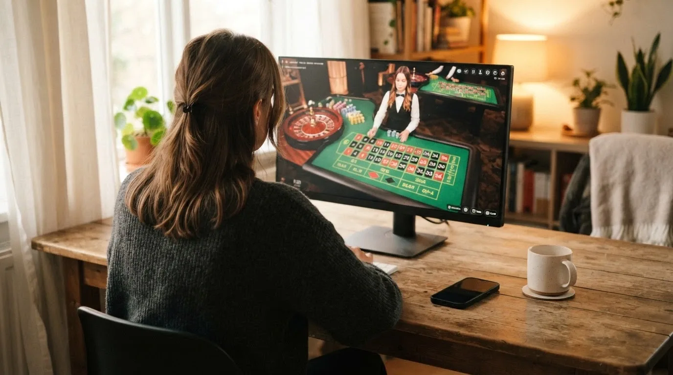 Un jugador sentado frente a una pantalla grande con una mesa de ruleta en vivo, sonriendo y con el móvil apoyado al lado