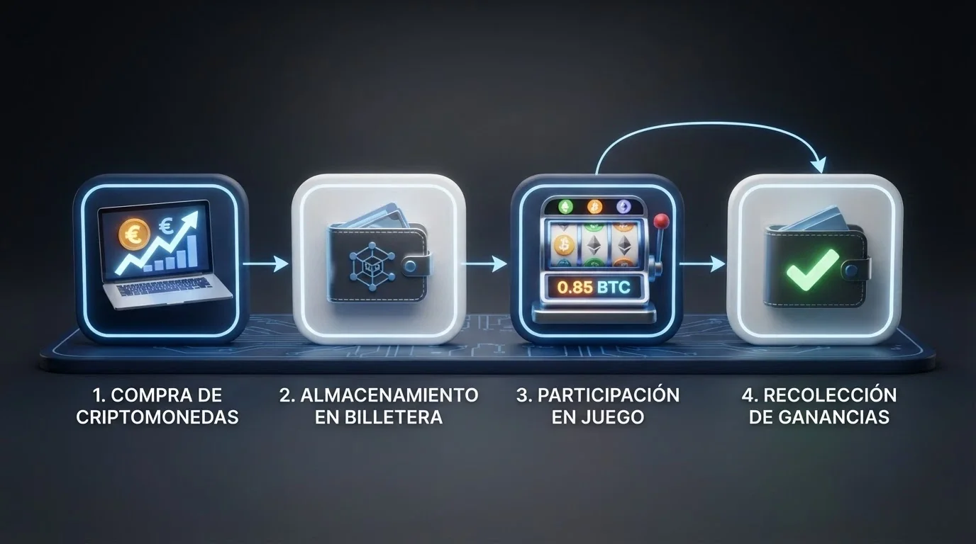 Diagrama de cuatro pasos: compra de cripto en un exchange, envío al wallet del casino, pantalla de juego con saldo en BTC, retiro on-chain de vuelta a wallet personal