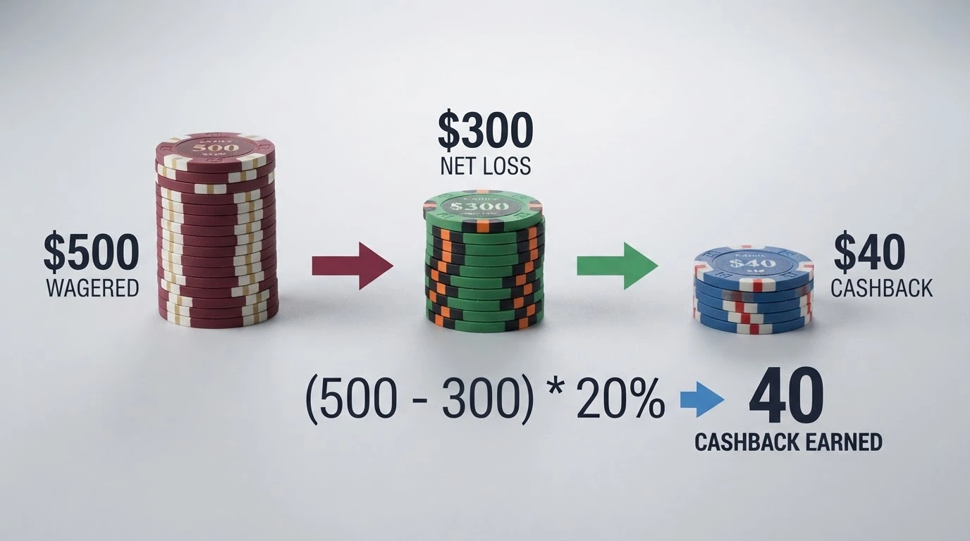 Esquema visual con la fórmula «(apostado − ganado) × % = reembolso» y un ejemplo numérico con fichas de casino.