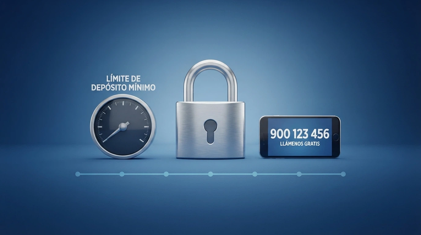 Iconos de límites de depósito, autoexclusión y candado de seguridad sobre un fondo azul corporativo, con un teléfono de ayuda de la DGOJ visible