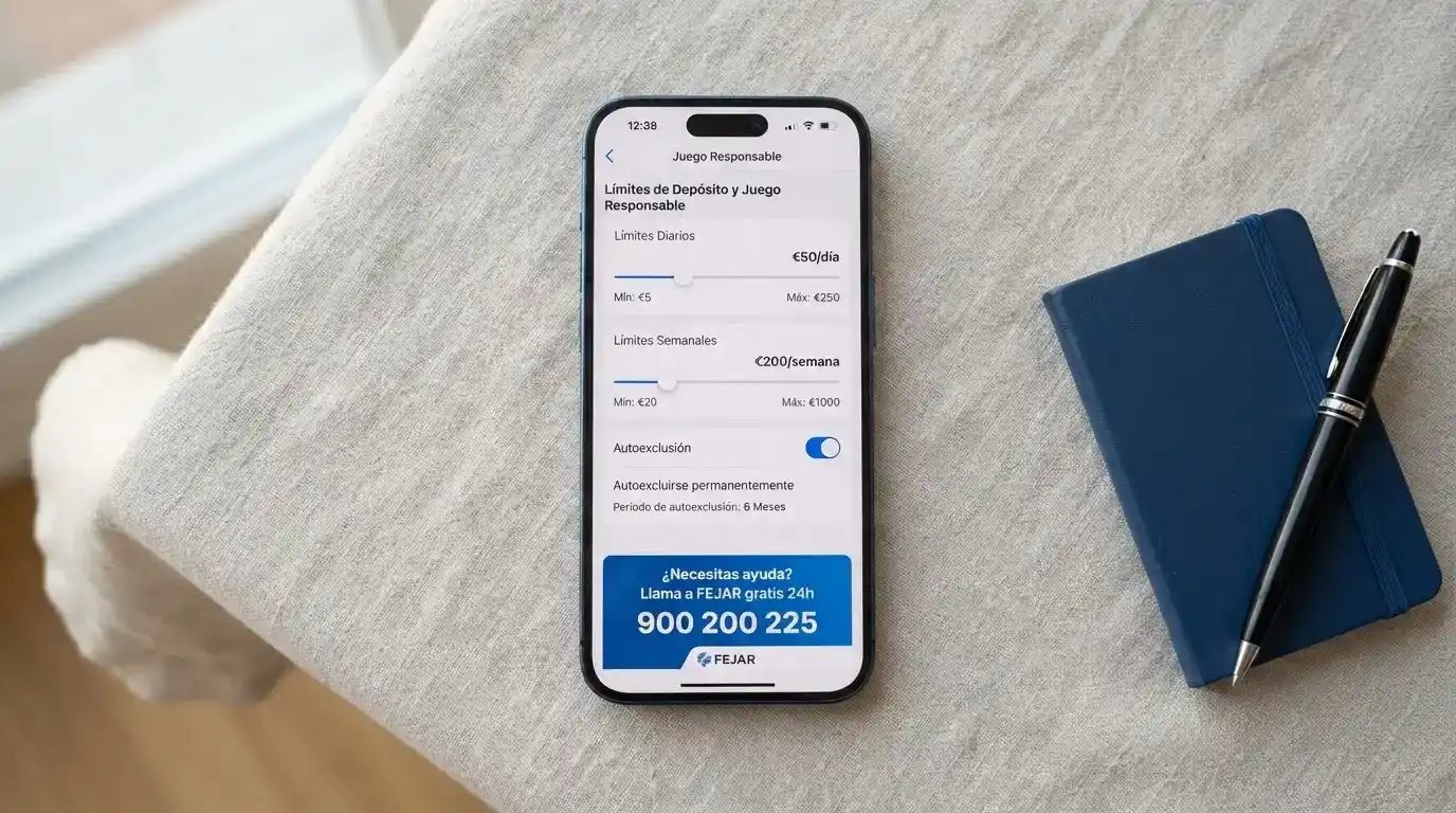 Pantalla de configuración de límites de depósito y autoexclusión dentro de un criptocasino, con el número de teléfono 900 200 225 de FEJAR visible en un recuadro informativo superpuesto