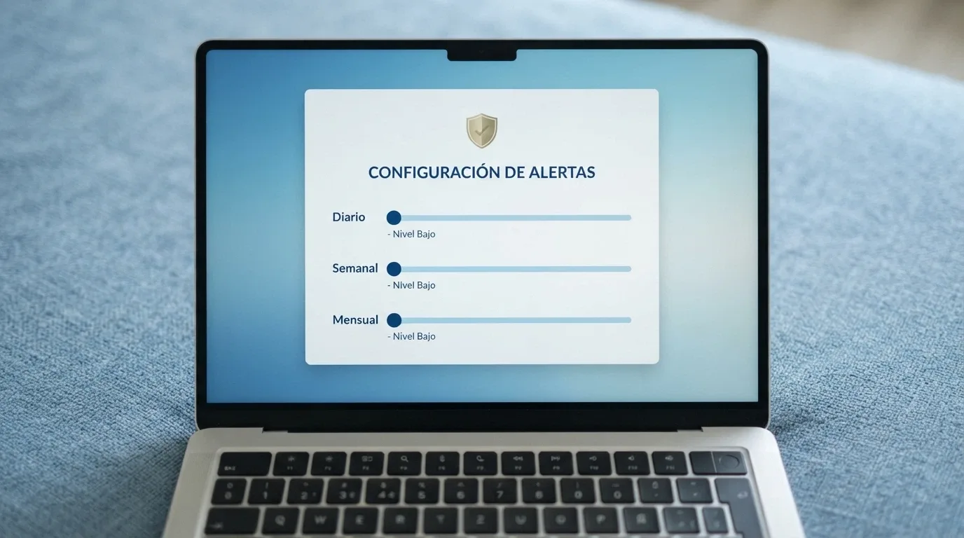 Un panel de control con deslizadores de límite diario, semanal y mensual junto al logotipo del RGIAJ, sobre un fondo de tonalidad azul serena