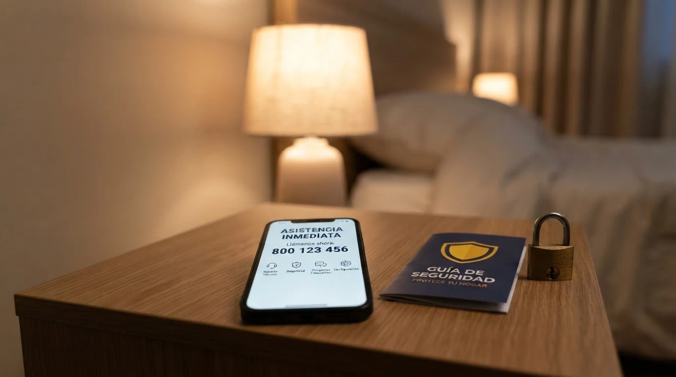 Un teléfono con el número de atención del RGIAJ en pantalla junto a un folleto de autoexclusión y un candado de protección