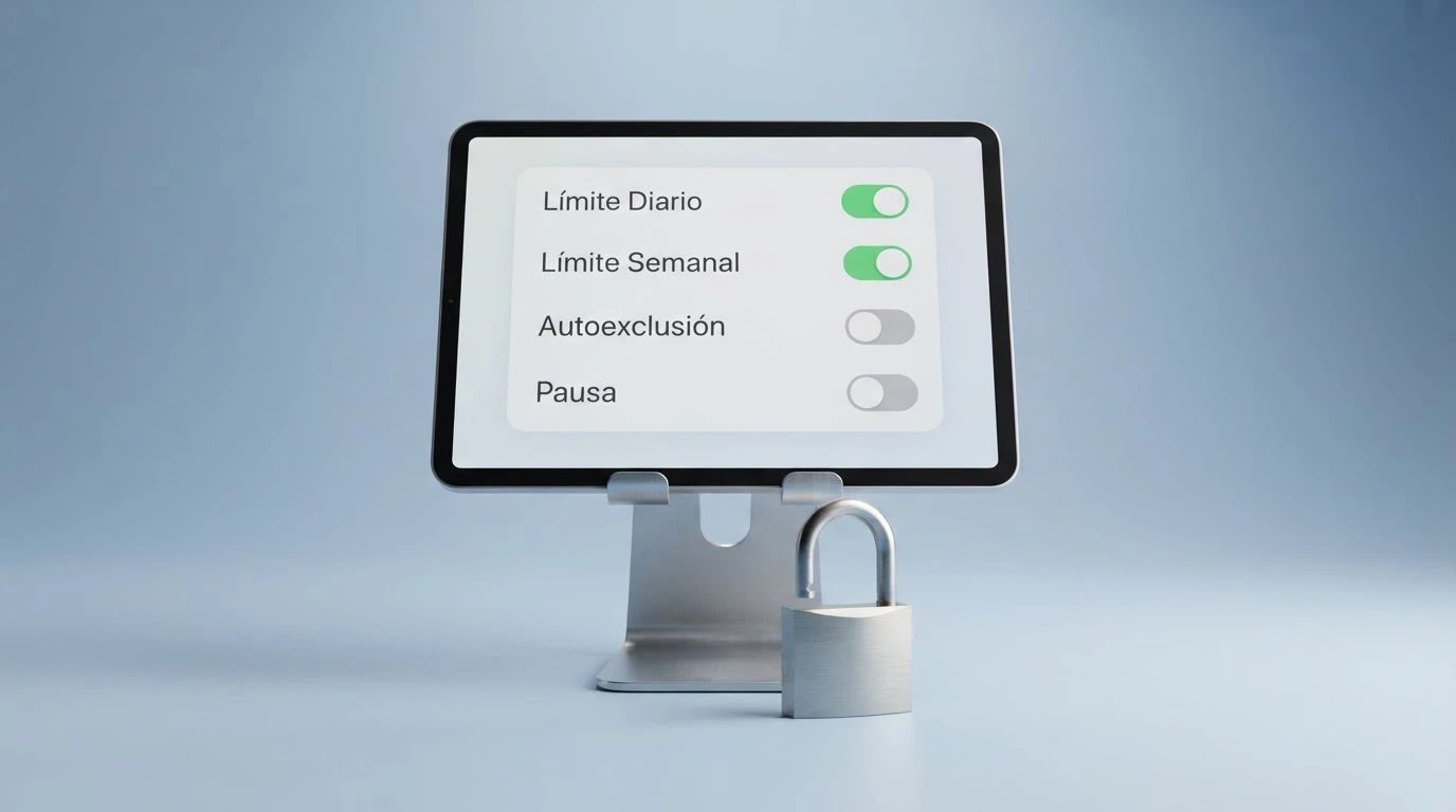 Un panel de control con interruptores etiquetados como «límite diario», «límite semanal», «autoexclusión» y «pausa», con un candado abierto en primer plano