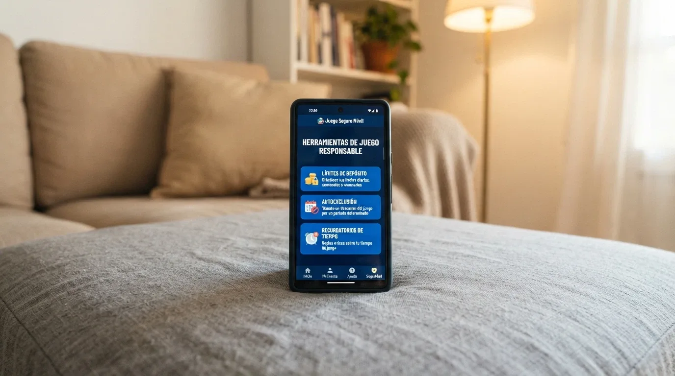 Pantalla de móvil mostrando la sección de juego responsable de una app de casino con las opciones de límite de depósito, autoexclusión y comprobación de realidad visibles en el menú
