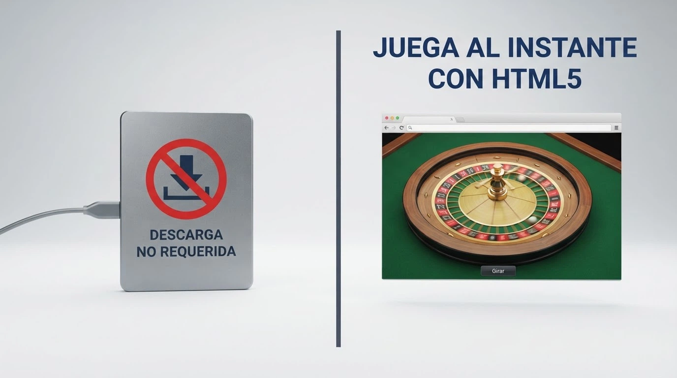 Comparativa visual: a la izquierda un icono de descarga tachado junto a un disco duro, a la derecha una ventana de navegador con una ruleta girando y el texto HTML5
