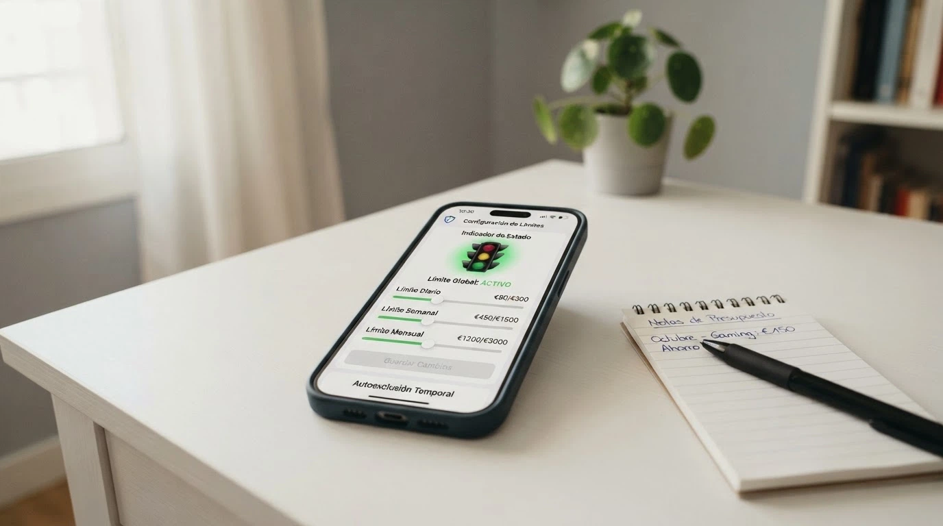 Un iPhone mostrando la pantalla de ajustes de límites de depósito de un casino DGOJ, con un semáforo en verde y el logotipo del RGIAJ visible.