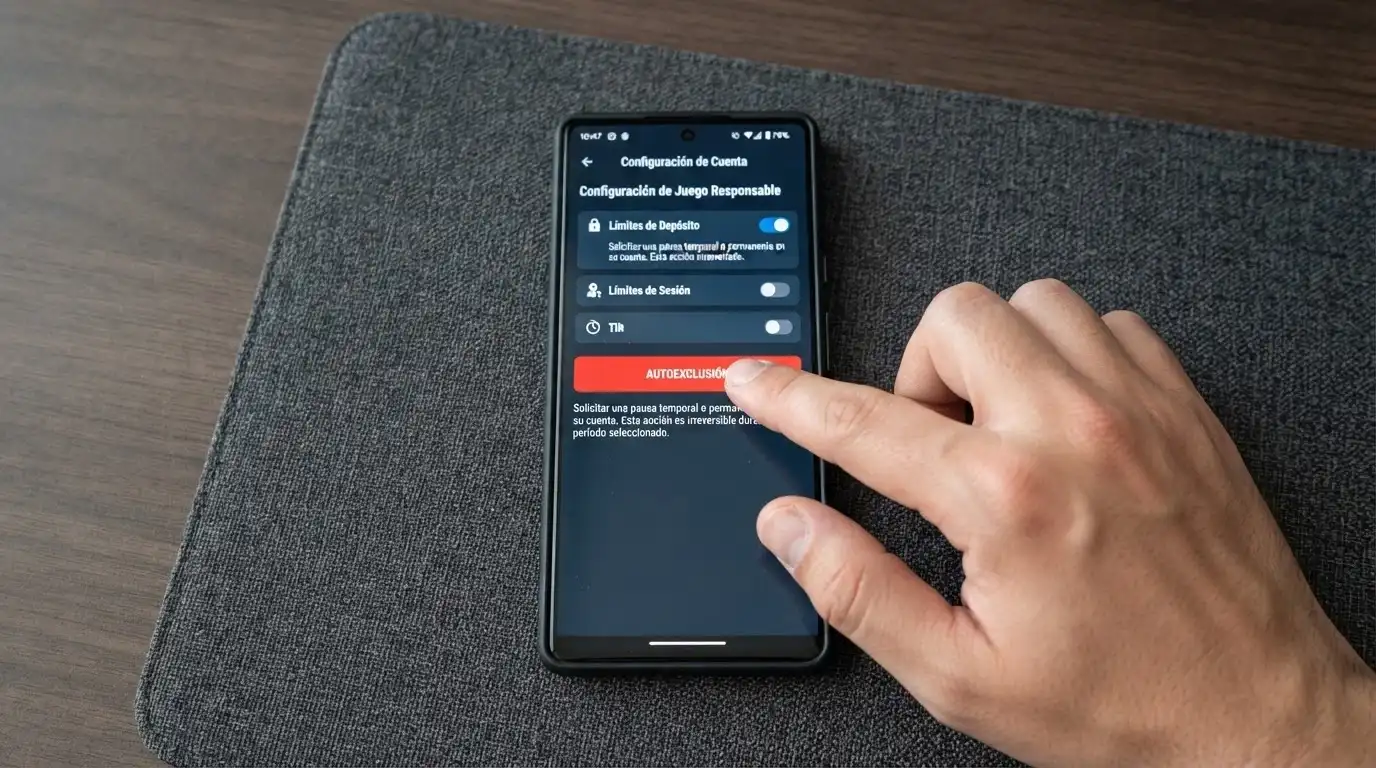 Mano de una persona pulsando el botón de «autoexclusión» en la configuración de su cuenta de casino online