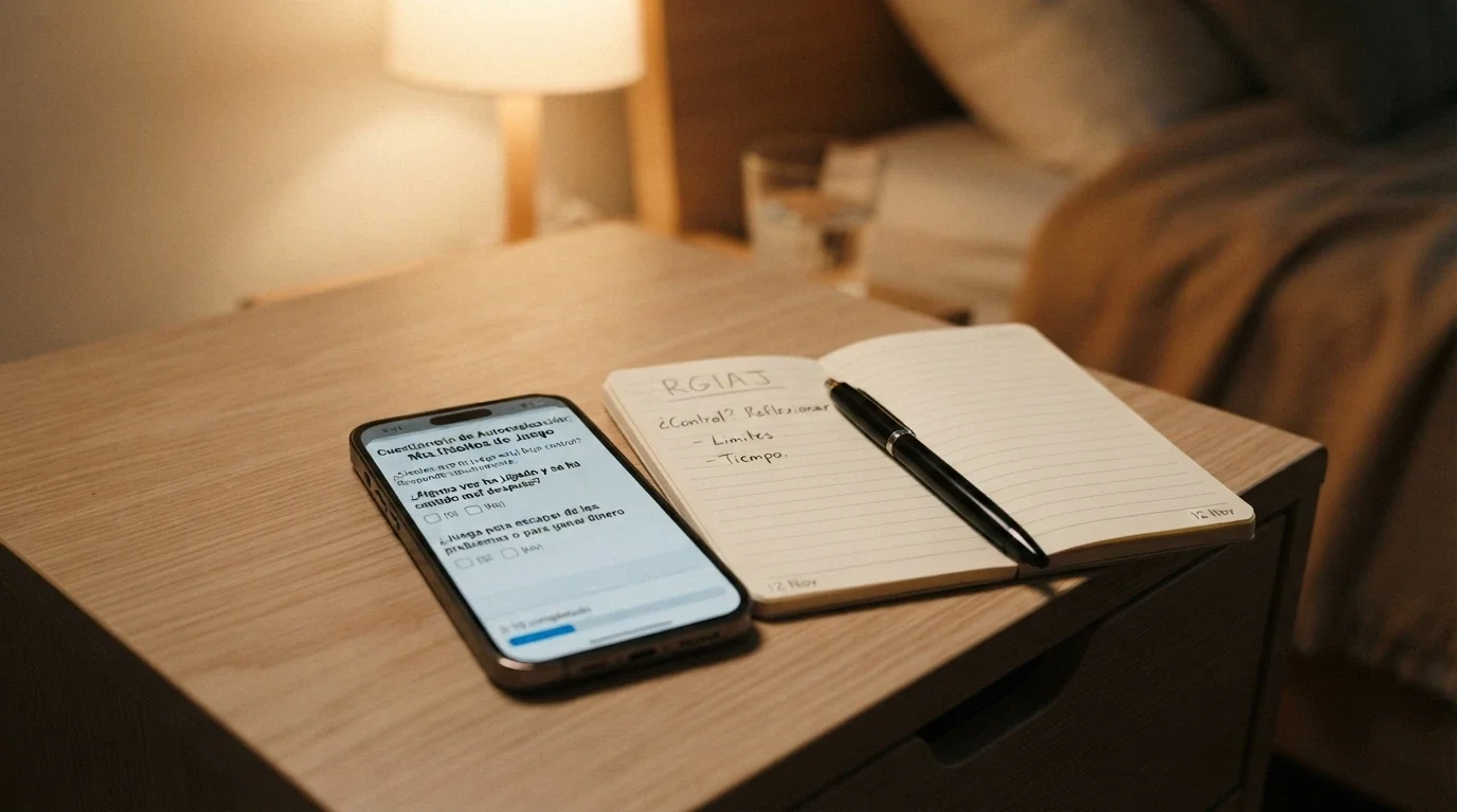 Un teléfono móvil con la pantalla mostrando un test de autoevaluación de juego, junto a un cuaderno con «RGIAJ» escrito y un bolígrafo