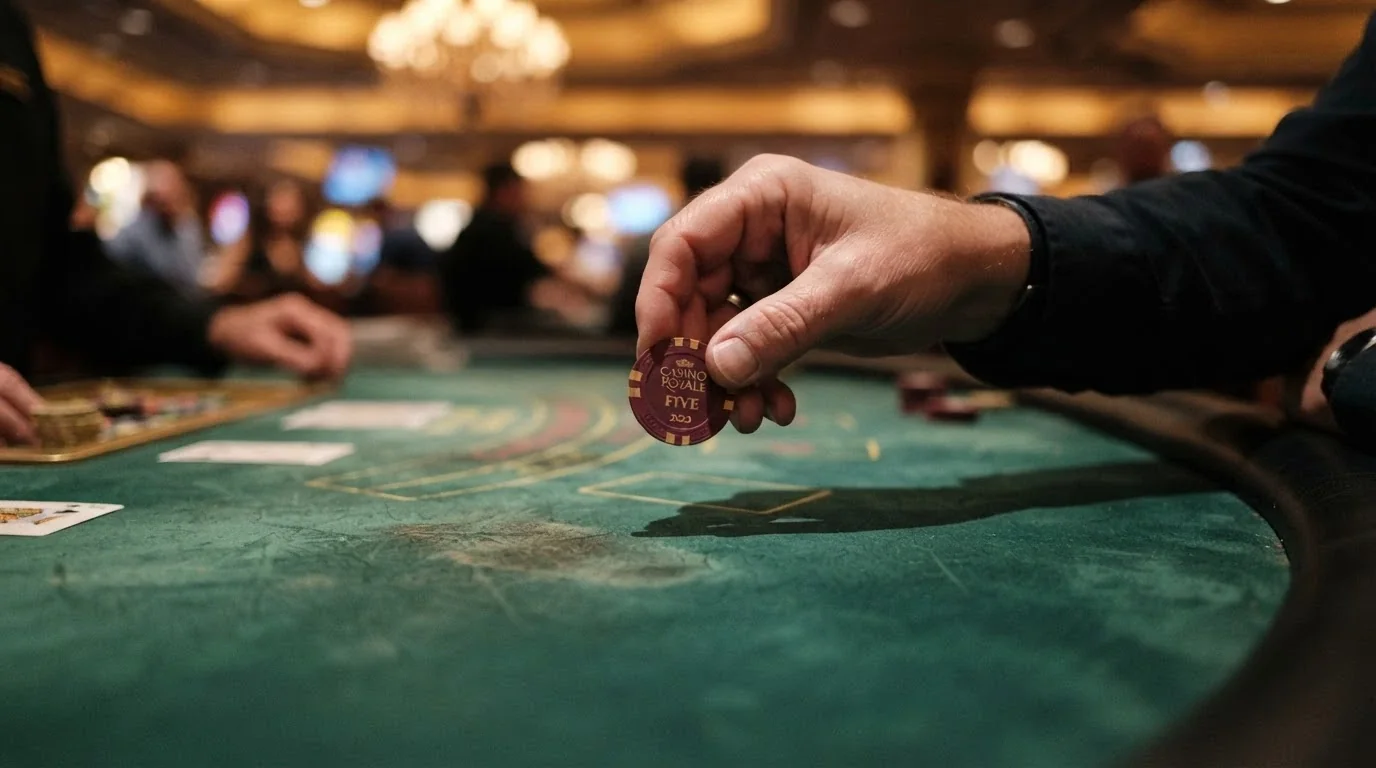 Mano que retira una ficha de casino de una mesa, con un fondo difuminado que sugiere una pausa o un límite.