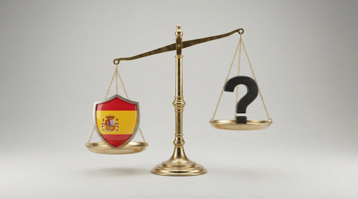 Una balanza de dos platillos: en el izquierdo, un escudo con la bandera de España y el sello DGOJ; en el derecho, un signo de interrogación sobre un teclado oscuro